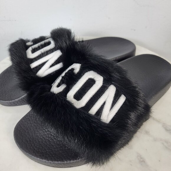 NWB~$825~DSQUARED2~7.5/8~ICON BLACK WHITE GENUINE  RABBIT FUR SANDALS SLIDES - Picture 10 of 16